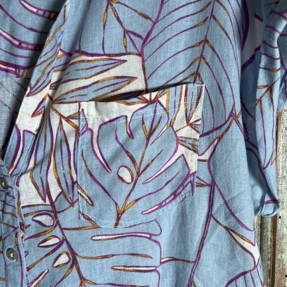 Cynthia Rowley Linen Blue Tropical Leaf Shirt Size L - Picture 9 of 9
